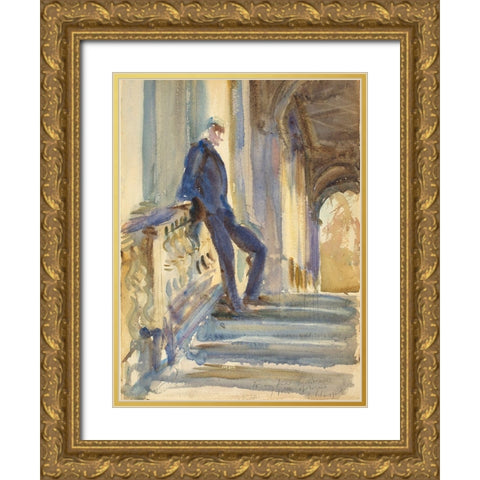 Sir Neville Wilkinson on the Steps of the Palladian Bridge at Wilton House Gold Ornate Wood Framed Art Print with Double Matting by Sargent, John Singer