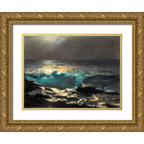 Moonlight, Wood Island Light Gold Ornate Wood Framed Art Print with Double Matting by Homer, Winslow