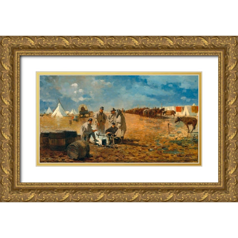 Rainy Day in Camp Gold Ornate Wood Framed Art Print with Double Matting by Homer, Winslow