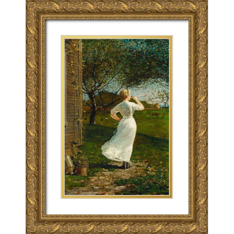 The Dinner Horn (Blowing the Horn at Seaside) Gold Ornate Wood Framed Art Print with Double Matting by Homer, Winslow