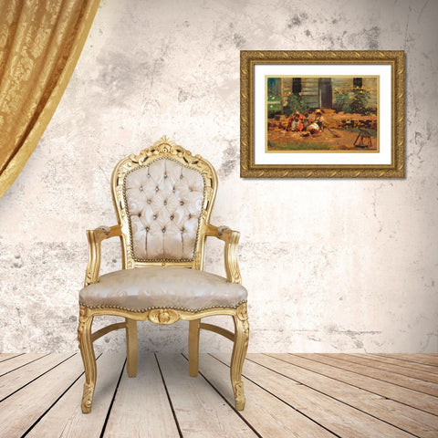 Sketch of a Cottage Yard Gold Ornate Wood Framed Art Print with Double Matting by Homer, Winslow