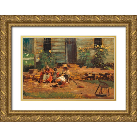 Sketch of a Cottage Yard Gold Ornate Wood Framed Art Print with Double Matting by Homer, Winslow