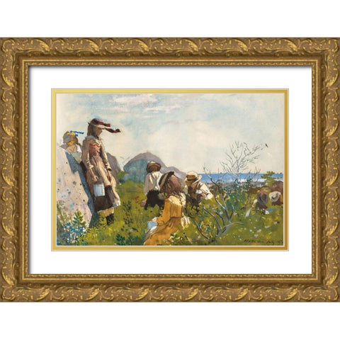 Berry Pickers Gold Ornate Wood Framed Art Print with Double Matting by Homer, Winslow