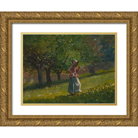 Girl with Hay Rake Gold Ornate Wood Framed Art Print with Double Matting by Homer, Winslow