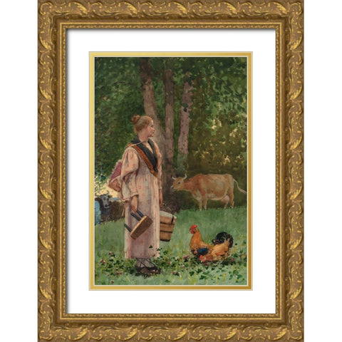 The Milk Maid Gold Ornate Wood Framed Art Print with Double Matting by Homer, Winslow
