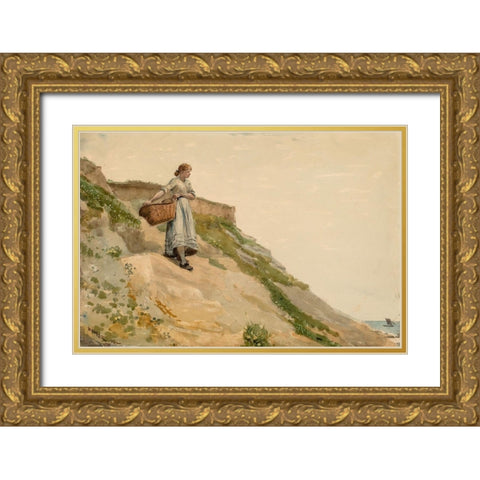 Girl Carrying a Basket Gold Ornate Wood Framed Art Print with Double Matting by Homer, Winslow