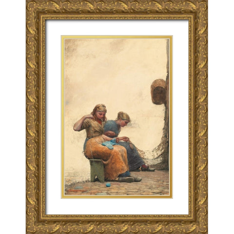 Mending the Nets Gold Ornate Wood Framed Art Print with Double Matting by Homer, Winslow