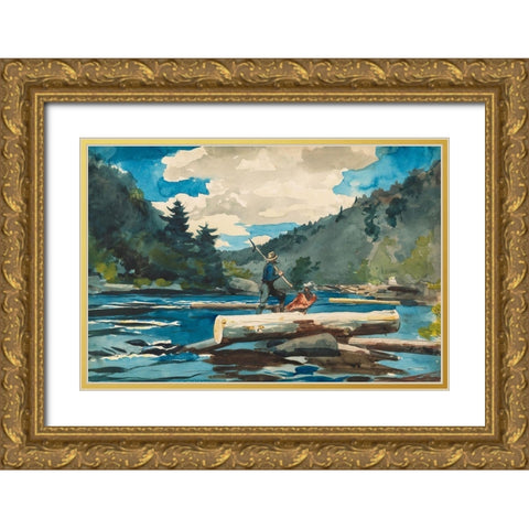 Hudson River, Logging Gold Ornate Wood Framed Art Print with Double Matting by Homer, Winslow