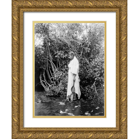 At the waters edge, Arikara Gold Ornate Wood Framed Art Print with Double Matting by Curtis, Edward