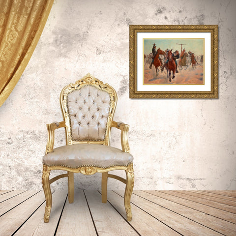 Gilcrease, Breaking through the line Gold Ornate Wood Framed Art Print with Double Matting by Schreyvogel, Charles