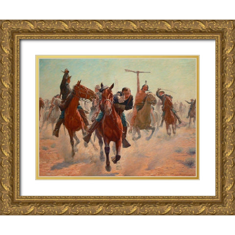 Gilcrease, Breaking through the line Gold Ornate Wood Framed Art Print with Double Matting by Schreyvogel, Charles