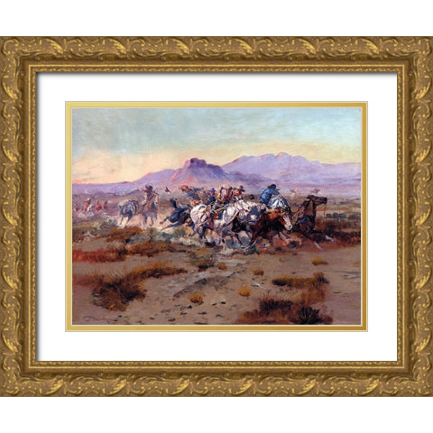 The Attack Gold Ornate Wood Framed Art Print with Double Matting by Russell, Charles Marion