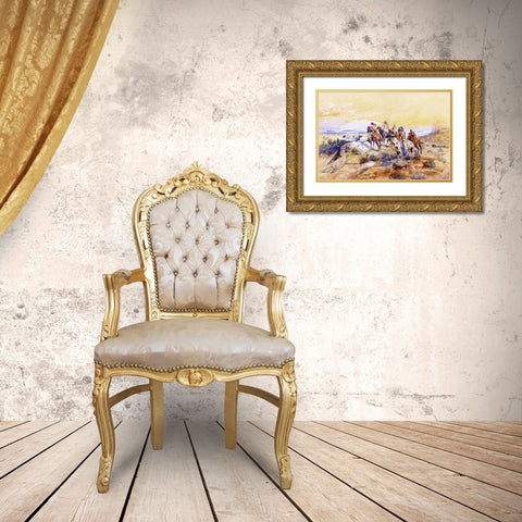 Watching the Iron Horse Gold Ornate Wood Framed Art Print with Double Matting by Russell, Charles Marion