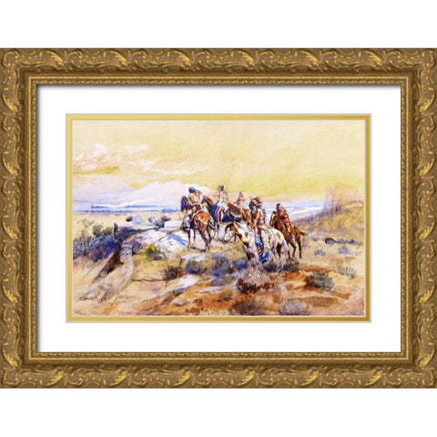 Watching the Iron Horse Gold Ornate Wood Framed Art Print with Double Matting by Russell, Charles Marion