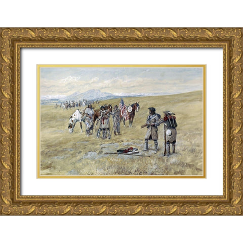 Captain Lewis Meeting the Shoshones Gold Ornate Wood Framed Art Print with Double Matting by Russell, Charles Marion