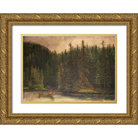 Indian Hunters in Canoe Gold Ornate Wood Framed Art Print with Double Matting by Bierstadt, Albert