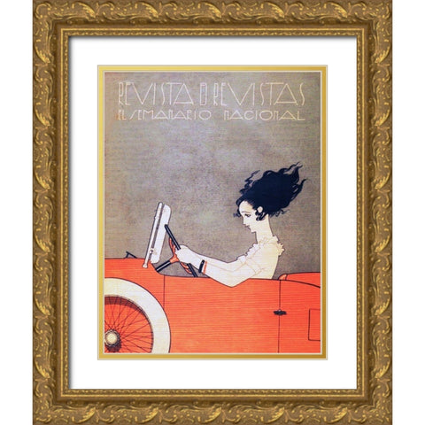 Mexican Magazine Cover 1920 Woman in Car Gold Ornate Wood Framed Art Print with Double Matting by Garcia Cabral, Ernesto