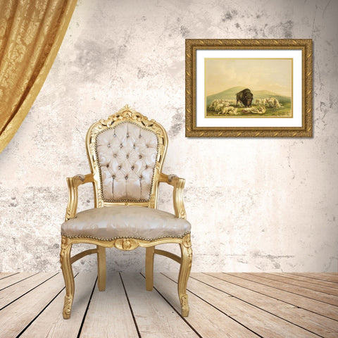 Buffalo Hunt, White Wolves Attacking Buffalo Bull Gold Ornate Wood Framed Art Print with Double Matting by Catlin, George
