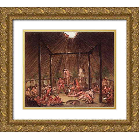 The Cutting Scene, Mandan O kee pa Ceremony Gold Ornate Wood Framed Art Print with Double Matting by Catlin, George