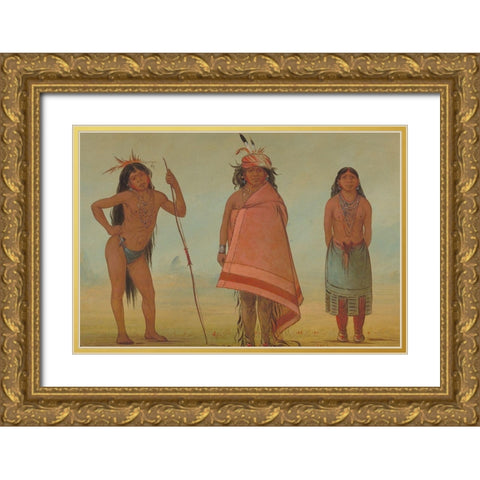 Cochimtee Chief, His Wife, and a Warrior Gold Ornate Wood Framed Art Print with Double Matting by Catlin, George