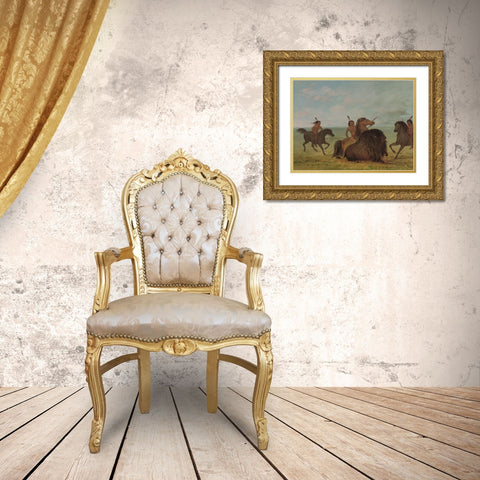 Camanchees Lancing a Buffalo Bull Gold Ornate Wood Framed Art Print with Double Matting by Catlin, George