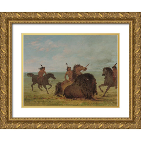 Camanchees Lancing a Buffalo Bull Gold Ornate Wood Framed Art Print with Double Matting by Catlin, George