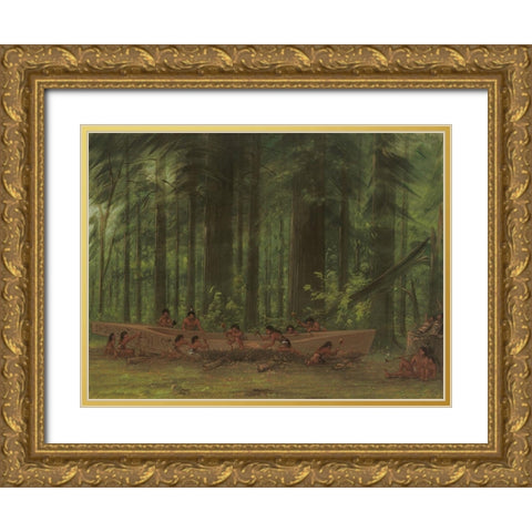 Excavating a Canoe Nayas Indians Gold Ornate Wood Framed Art Print with Double Matting by Catlin, George