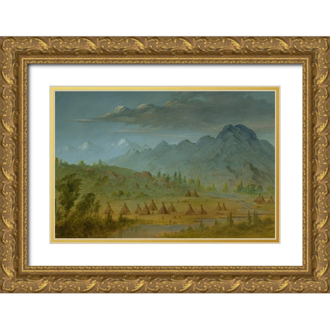 A Crow Village and the Salmon River Mountains Gold Ornate Wood Framed Art Print with Double Matting by Catlin, George