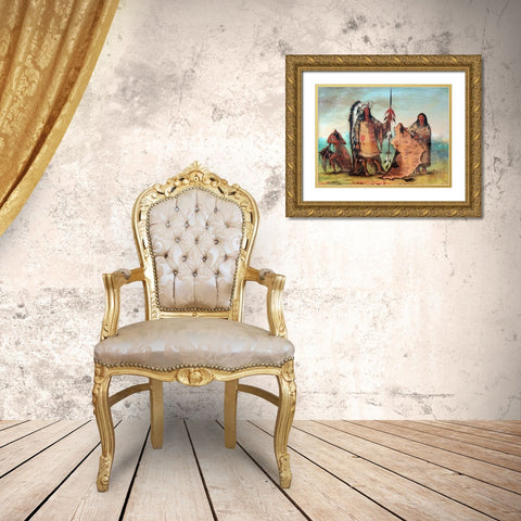 Mandan, Mato Tope with wife and son Gold Ornate Wood Framed Art Print with Double Matting by Catlin, George
