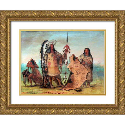Mandan, Mato Tope with wife and son Gold Ornate Wood Framed Art Print with Double Matting by Catlin, George
