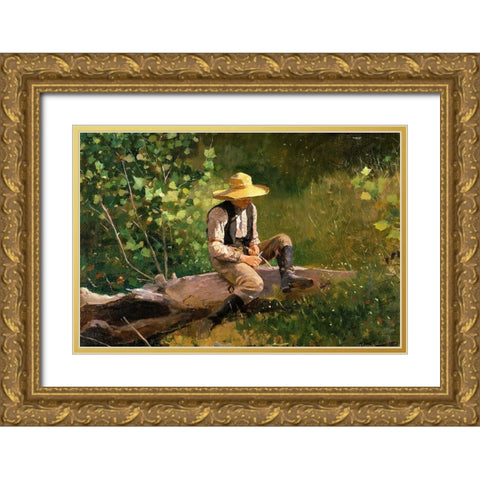 The whittling Boy Gold Ornate Wood Framed Art Print with Double Matting by Homer, Winslow