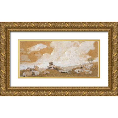 Girl and sheep Gold Ornate Wood Framed Art Print with Double Matting by Homer, Winslow