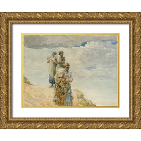 On The Cliff, Cullercoats Gold Ornate Wood Framed Art Print with Double Matting by Homer, Winslow