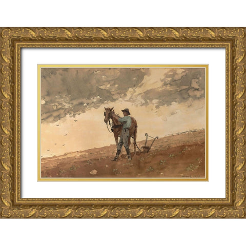 Man with Plow Horse Gold Ornate Wood Framed Art Print with Double Matting by Homer, Winslow