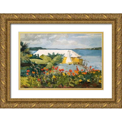 Flower Garden and Bungalow, Bermuda Gold Ornate Wood Framed Art Print with Double Matting by Homer, Winslow