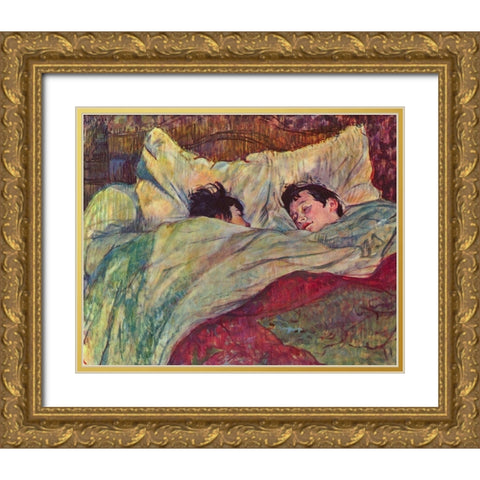 In the Bed Gold Ornate Wood Framed Art Print with Double Matting by Toulouse-Lautrec, Henri de