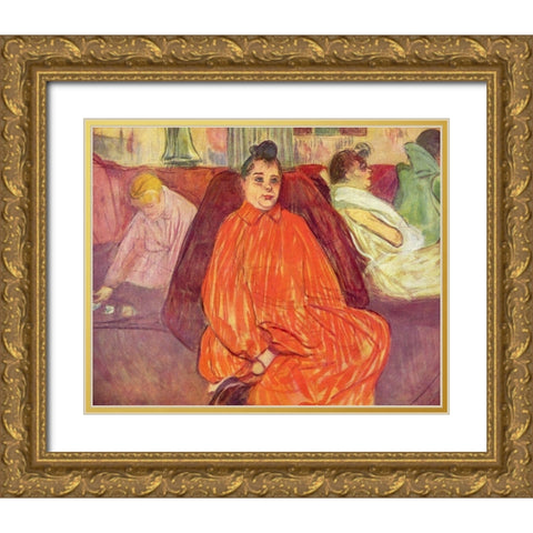 At the Salon, the Divan Gold Ornate Wood Framed Art Print with Double Matting by Toulouse-Lautrec, Henri de