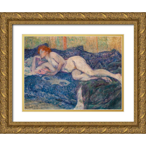 Nude Lying on a Couch Gold Ornate Wood Framed Art Print with Double Matting by Toulouse-Lautrec, Henri de