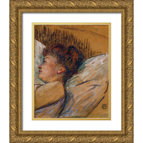 Woman in Bed Gold Ornate Wood Framed Art Print with Double Matting by Toulouse-Lautrec, Henri de