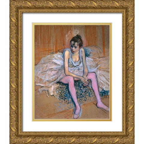 Danseuse assise aux Bas de roses Gold Ornate Wood Framed Art Print with Double Matting by Toulouse-Lautrec, Henri de