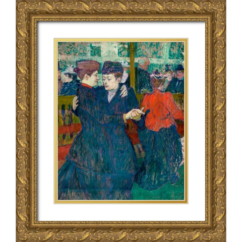 At the Moulin-Rouges, Two Women Walzing Gold Ornate Wood Framed Art Print with Double Matting by Toulouse-Lautrec, Henri de