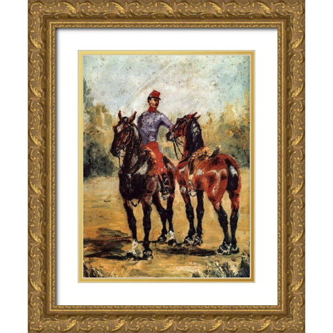 Groom with Two Horses Gold Ornate Wood Framed Art Print with Double Matting by Toulouse-Lautrec, Henri de