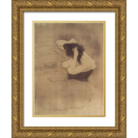 Femme Qui Se Peigne Gold Ornate Wood Framed Art Print with Double Matting by Toulouse-Lautrec, Henri de