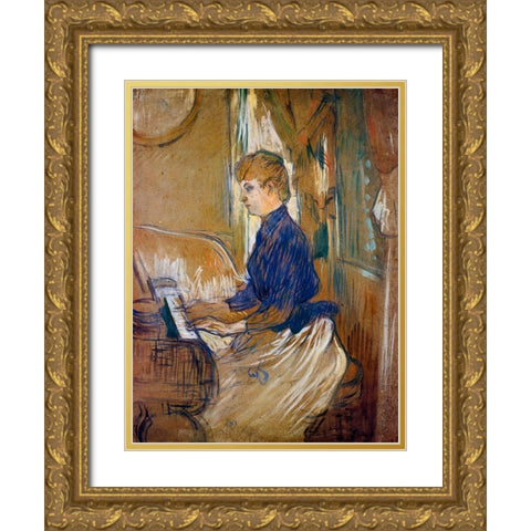 At the Piano Madame Juliette Pascal in the Salon of the Chateau de Malrome Gold Ornate Wood Framed Art Print with Double Matting by Toulouse-Lautrec, Henri de