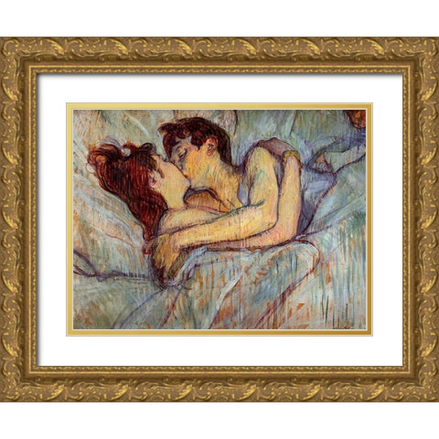 In Bed, The Kiss Gold Ornate Wood Framed Art Print with Double Matting by Toulouse-Lautrec, Henri de