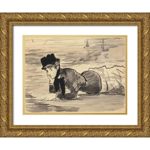 Woman Lying on the Beach. Annabel Lee Gold Ornate Wood Framed Art Print with Double Matting by Manet, Edouard