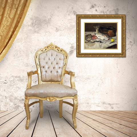 Fish Still Life Gold Ornate Wood Framed Art Print with Double Matting by Manet, Edouard