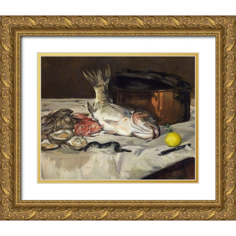 Fish Still Life Gold Ornate Wood Framed Art Print with Double Matting by Manet, Edouard
