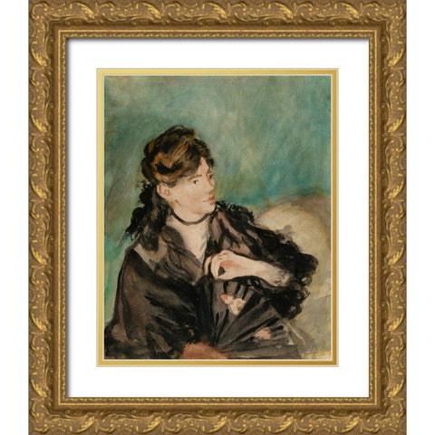 Portrait of Berthe Morisot with a Fan Gold Ornate Wood Framed Art Print with Double Matting by Manet, Edouard