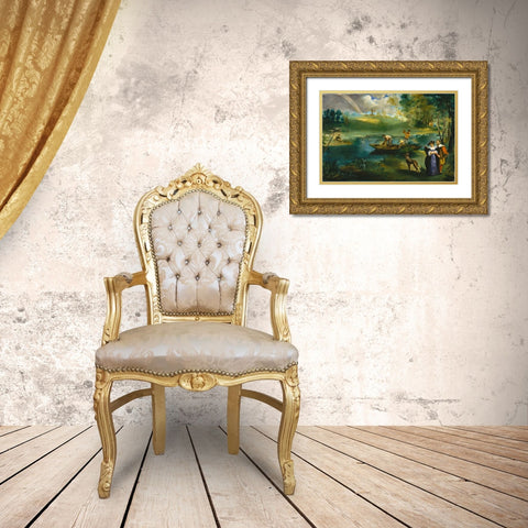 Fishing Gold Ornate Wood Framed Art Print with Double Matting by Manet, Edouard